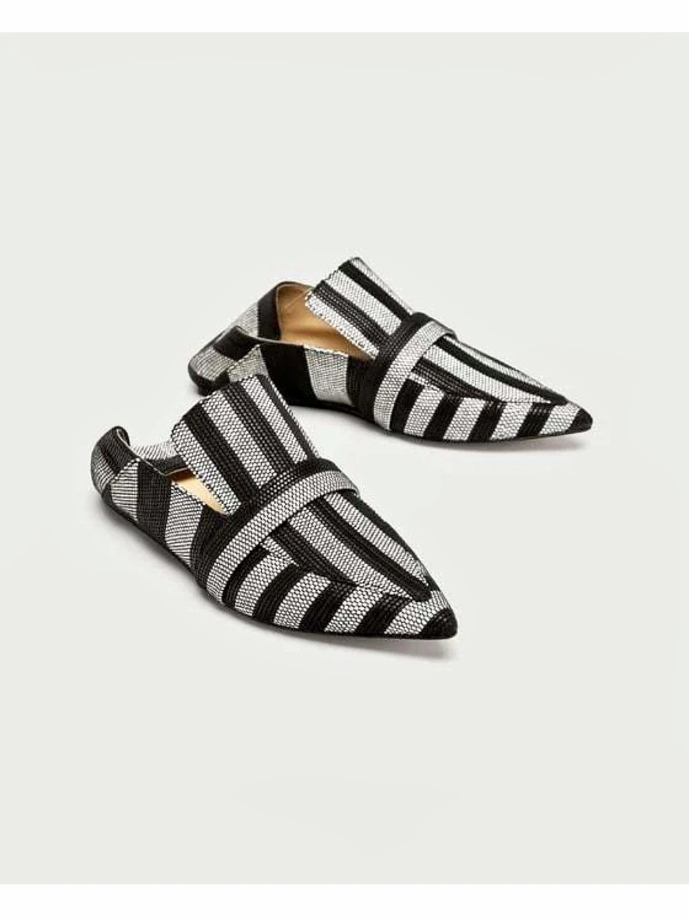 Zara Striped Pointed-Toe Mules in Black & White Size 8.5